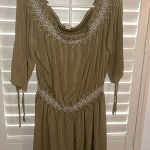 Forever 21 Olive 3/4 Sleeve Romper with White Embroidery